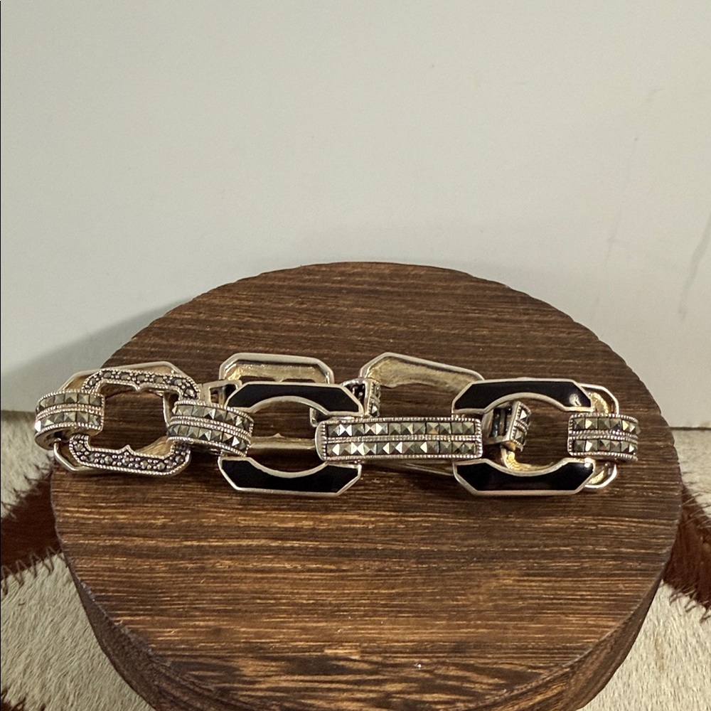 Geometric 925, Silver Marcasite and Black Link Bracelet - Picture 2 of 6